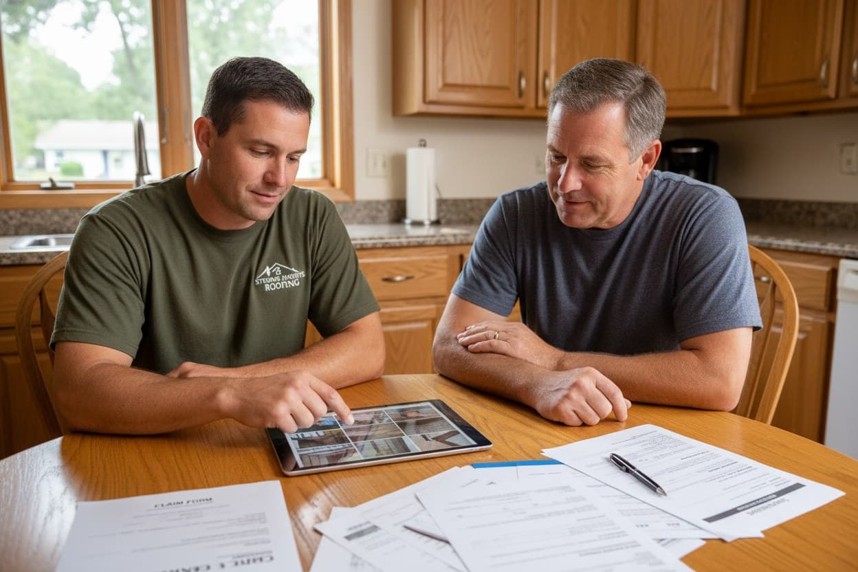 Contractor and homeowner reviewing claim paperwork in Sterling Heights