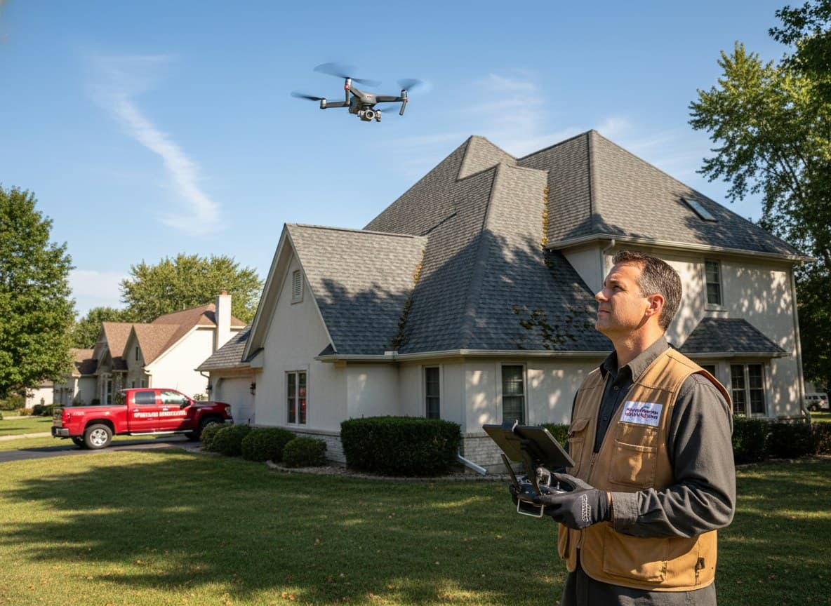 Drone surveying a steep Sterling Heights residential roof