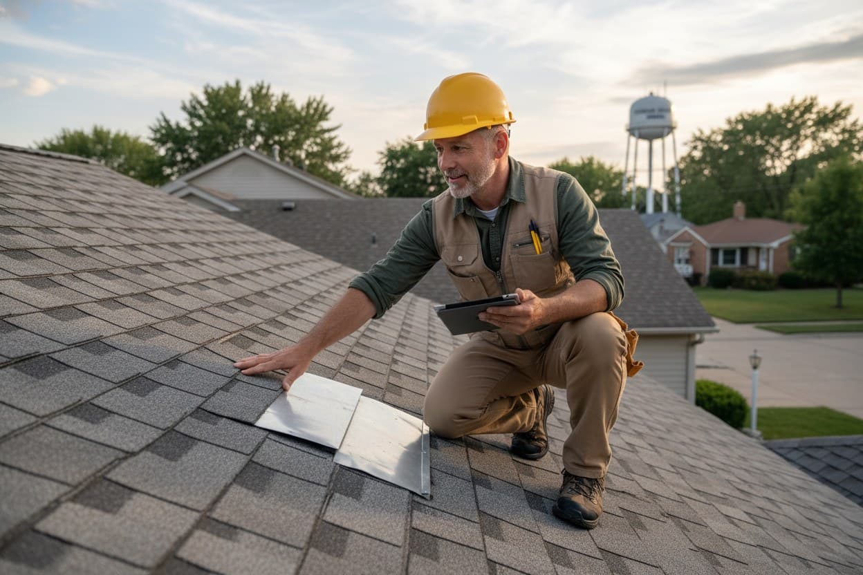 Inspector examining shingles and flashing on a residential roof