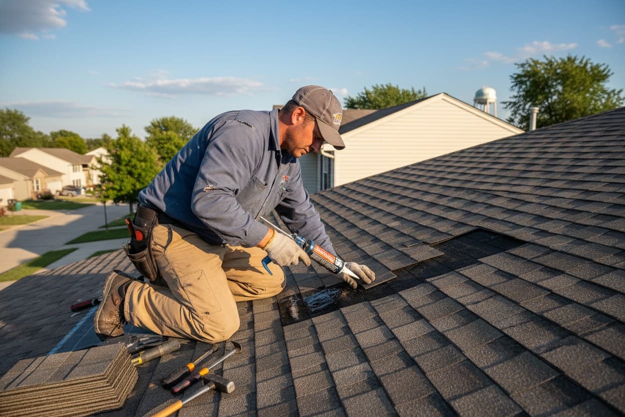 Roofer replacing damaged shingles on a Sterling Heights home