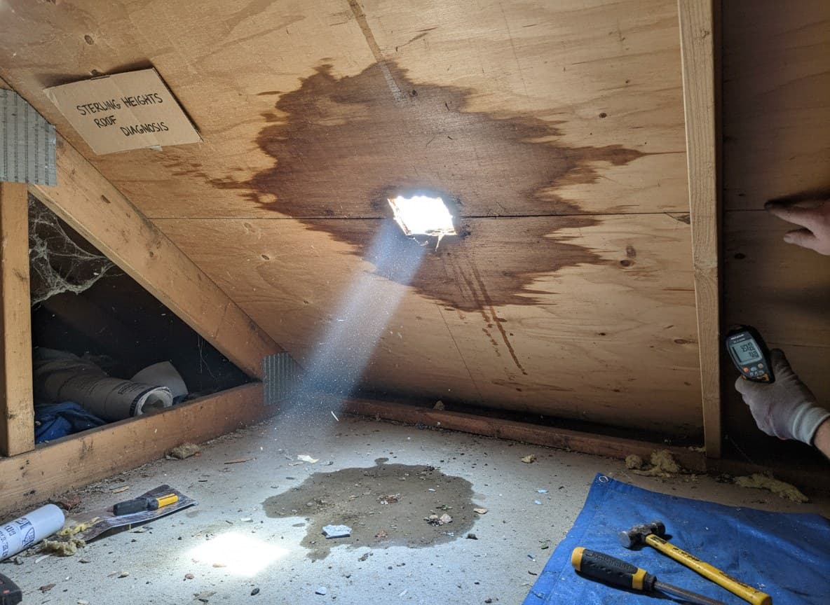 Water stain on roof decking inside a Sterling Heights attic