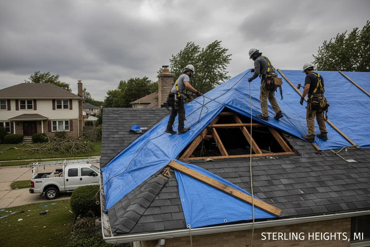Emergency tarp covering a storm damaged Sterling Heights roof