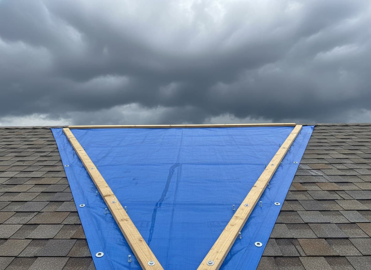 Fastened emergency tarp over a damaged roof valley